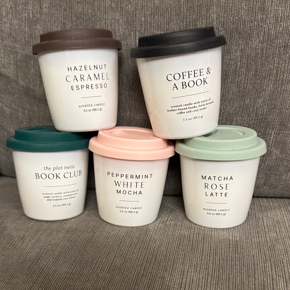 Mini Scented candles in coffee mug containers.